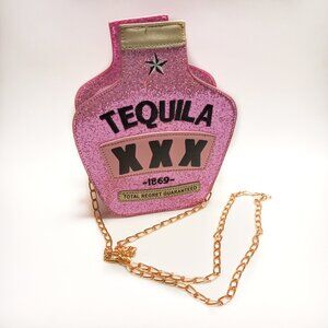 Pink glitter Tequila jug bottle shape bag crossbody with chain strap